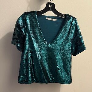 Zara Teal Sequin V-Neck Blouse
